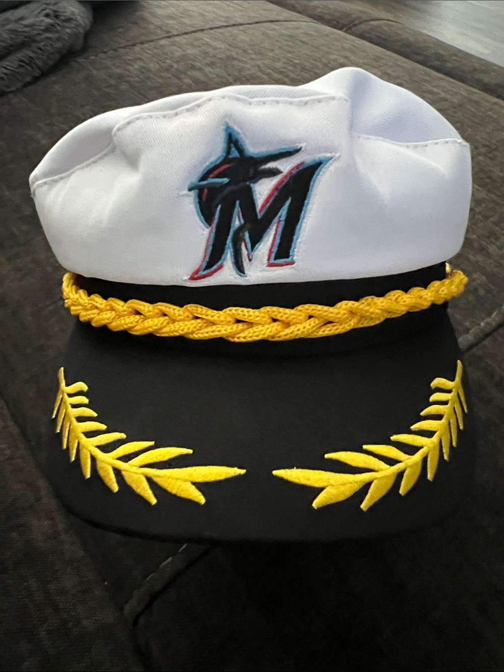 White & Black Captain's Hat with Gold Embroidery Marlins